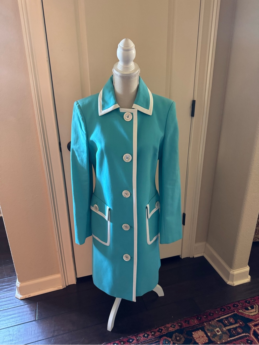 NWT Michael Kors Turquoise Pea Coat with White Trim